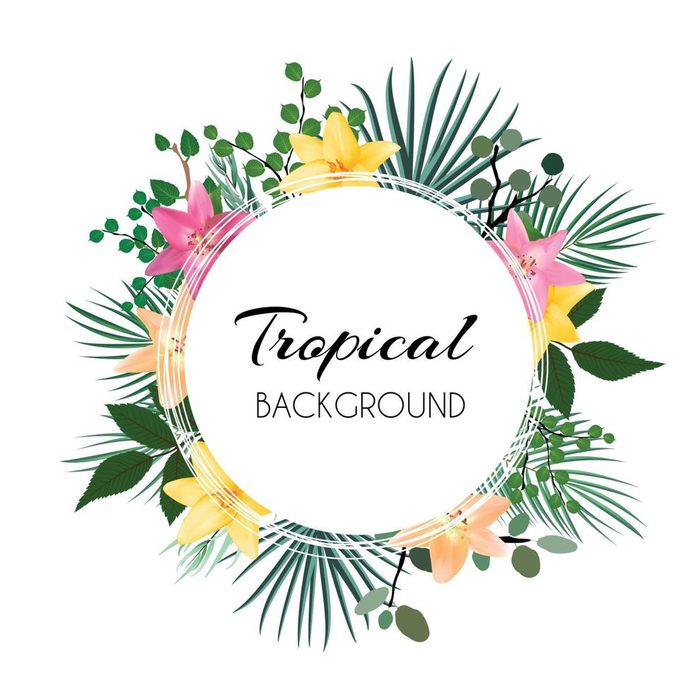 Abstract Natural Tropical Frame Background with Palm and other Leaves and Lily Flowers. Vector Illustration