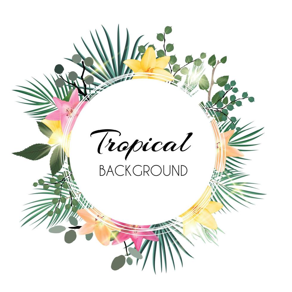 Fondo de marco tropical natural abstracto con palmeras y otras hojas y flores de lirio. ilustración vectorial vector