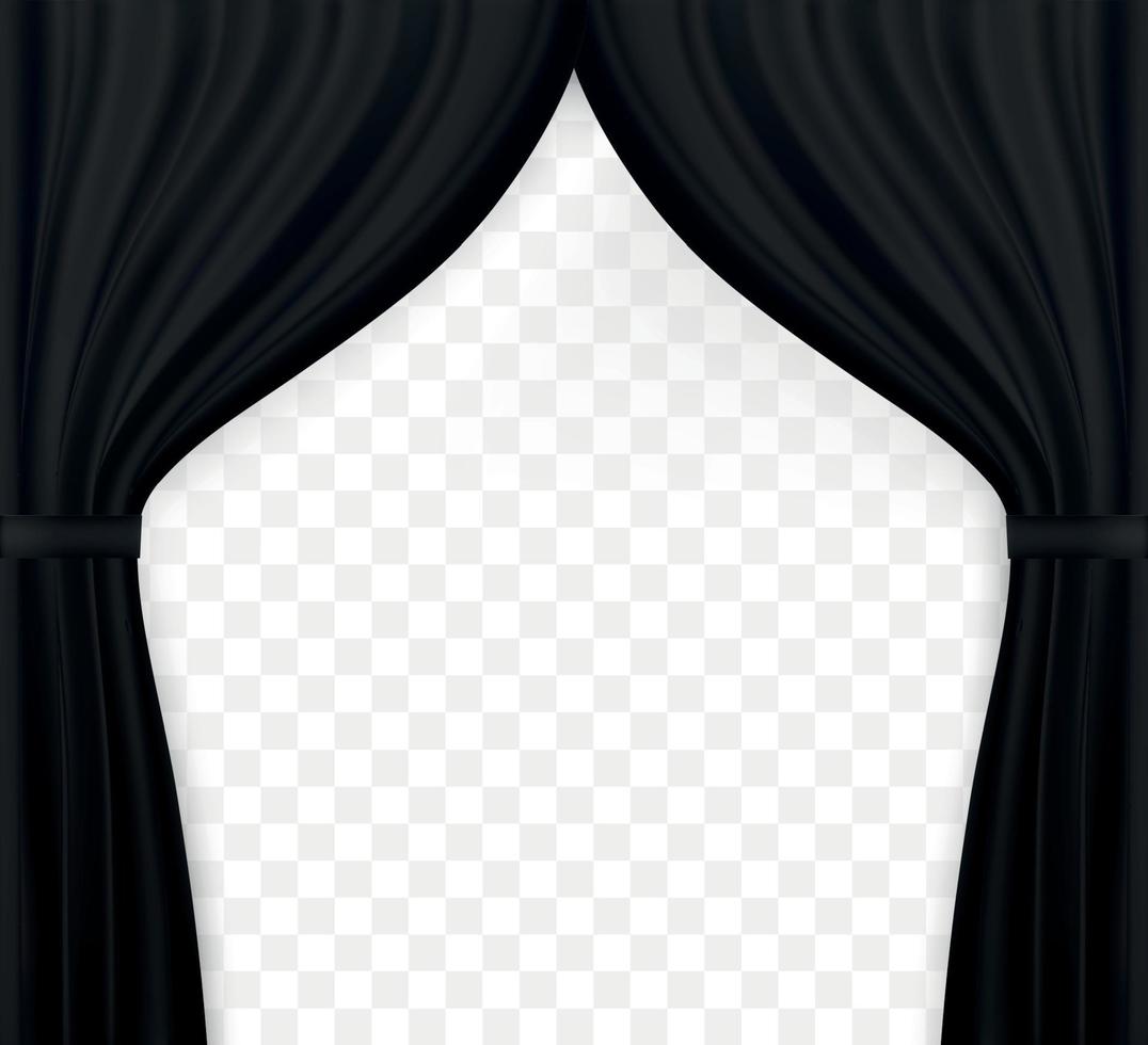 Imagen naturalista de cortina, cortinas abiertas de color negro sobre fondo transparente. ilustración vectorial. vector