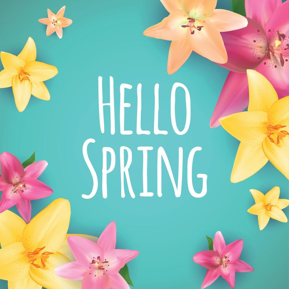 Hello Spring Banner Greetings Design  Background with Colorful Flower Elements. Vector illustration