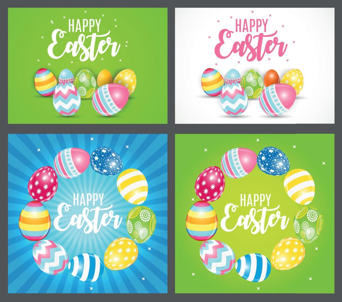 Happy Easter Cute Background with Eggs. Collection Set Cards. Vector Illustration