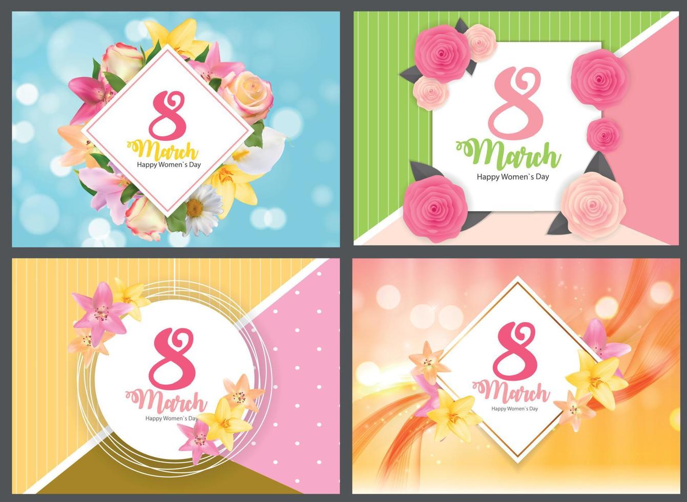Cartel del día internacional de la mujer feliz 8 de marzo conjunto de colección de tarjetas de felicitación floral ilustración vectorial vector
