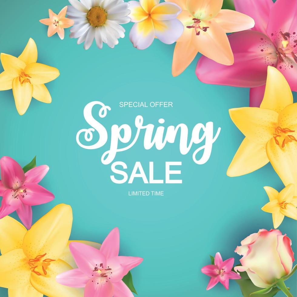 Spring Sale Cute Background with Colorful Flower Elements. Vector Illustration