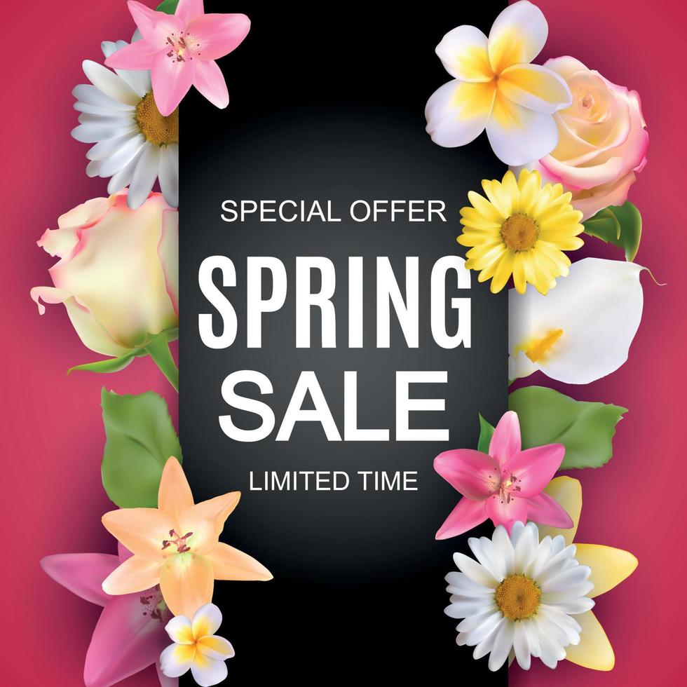 Spring Sale Cute Background with Colorful Flower Elements. Vector Illustration