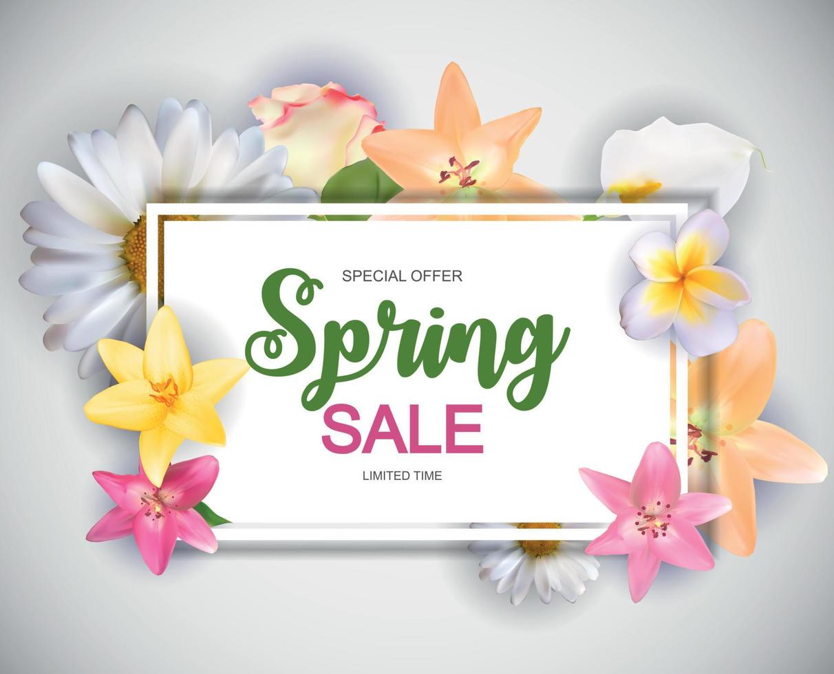 Spring Sale Cute Background with Colorful Flower Elements. Vector Illustration