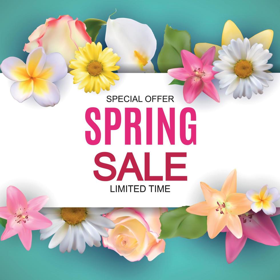 Spring Sale Cute Background with Colorful Flower Elements. Vector Illustration