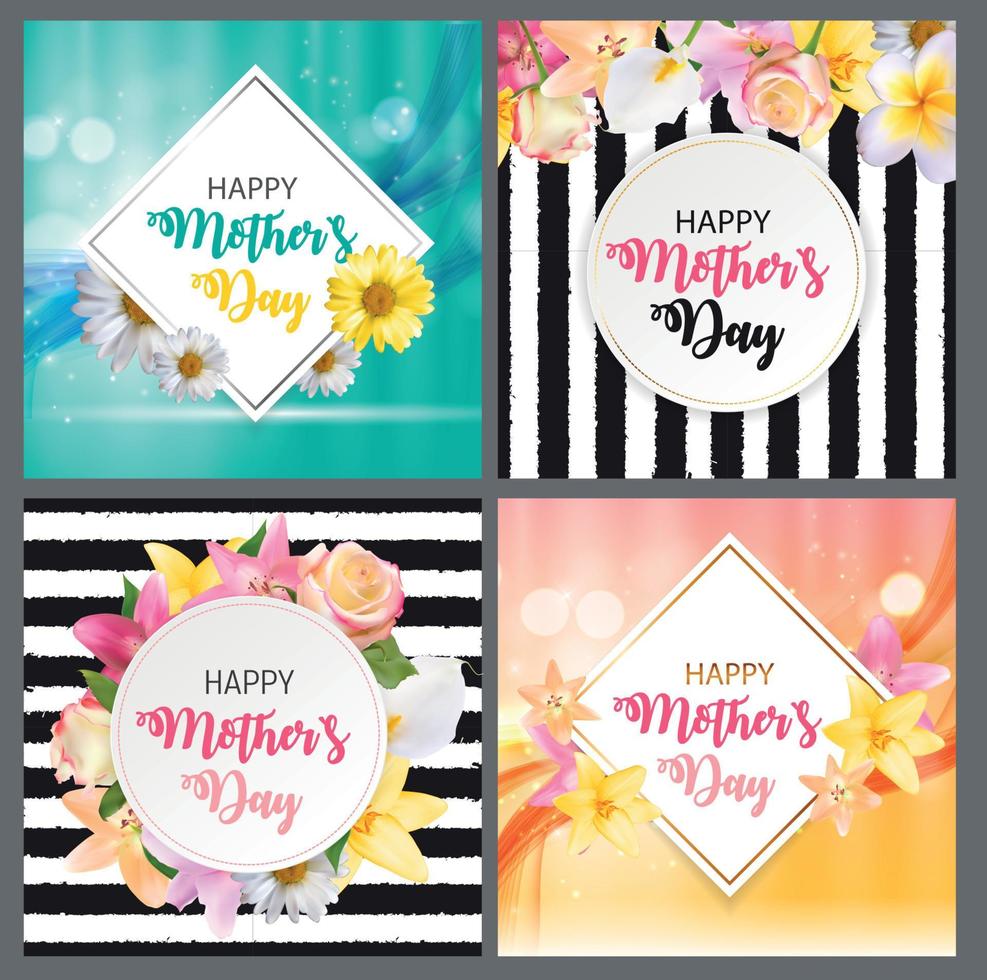 Happy Mothers Day Cute Background with Flowers Collection Set Cards.  Vector Illustration