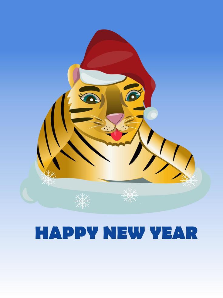 Tiger in a Santa hat lies in a bag with snowflakes. New Year of the Tiger sign on the Eastern calendar. Vector illustration