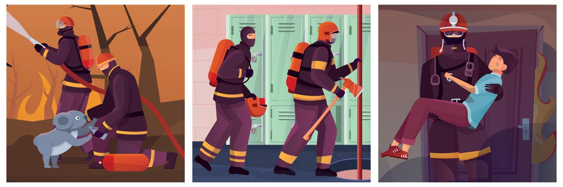 Conjunto de composiciones cuadradas de bomberos. vector