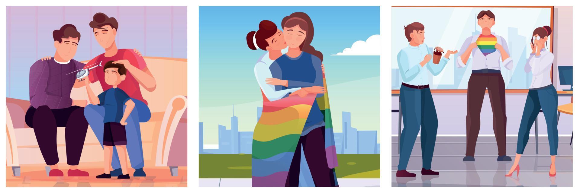 lgbt tres ilustraciones planas vector