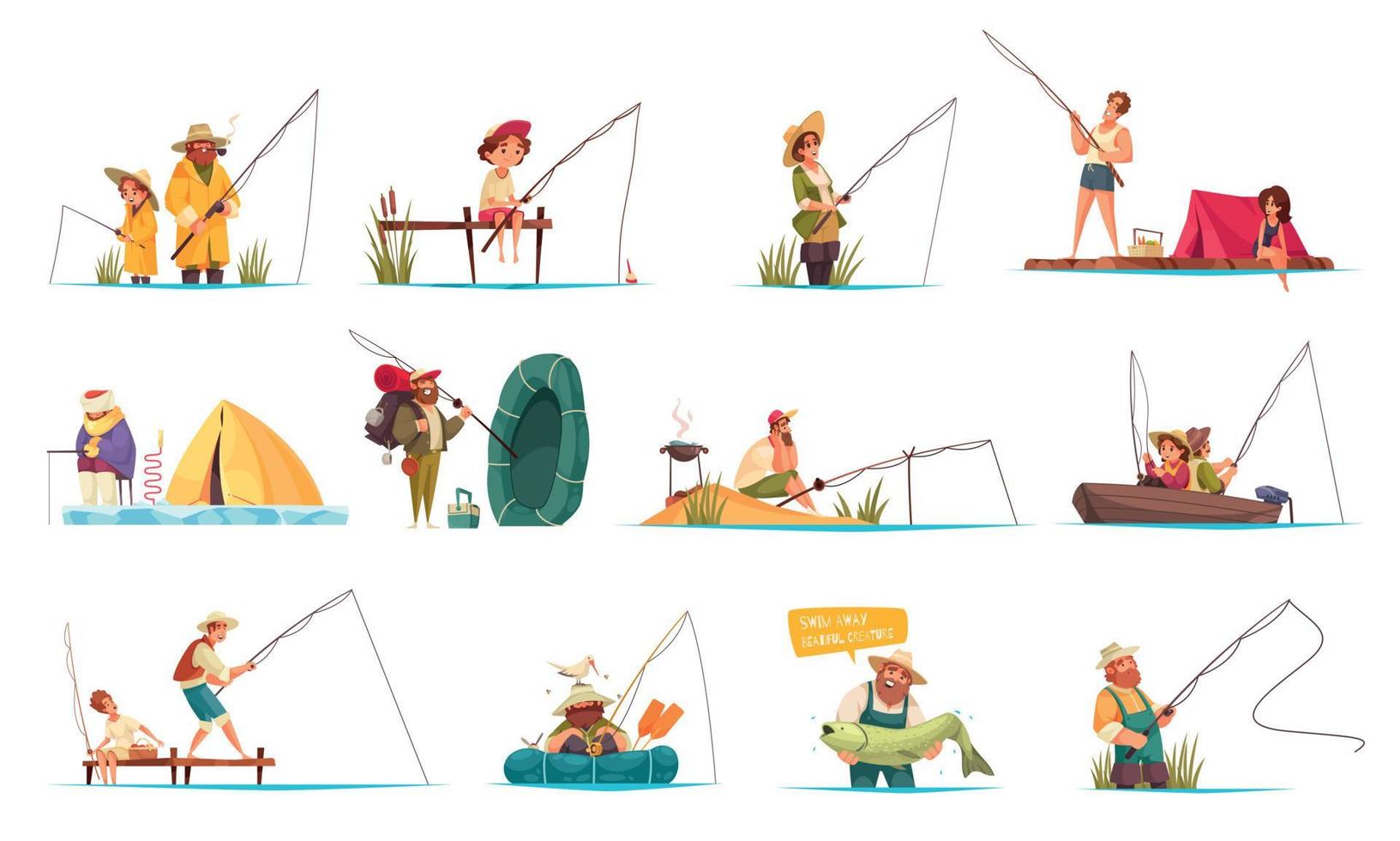 conjunto de dibujos animados de pesca recreativa vector