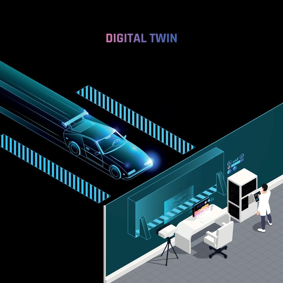 Digital Twin Technology Isometric Composition vector
