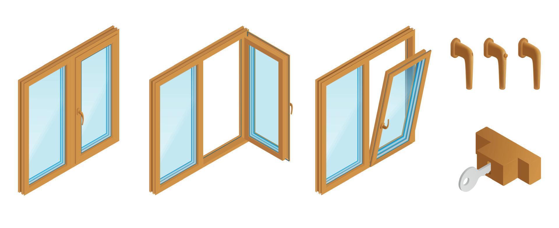 Wooden Windows Isometric Set vector