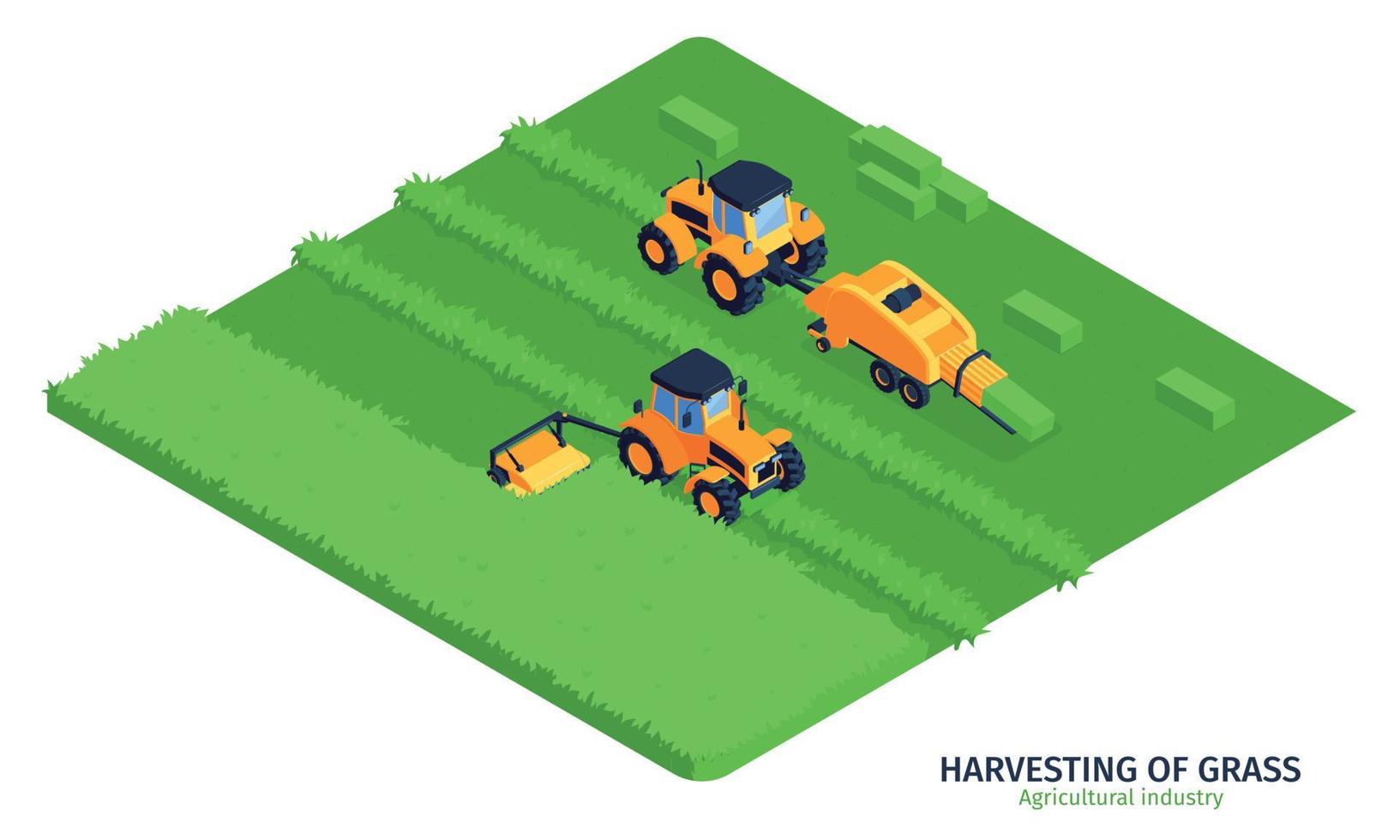 Harvesting Of Grass Isometric Vector Illustration