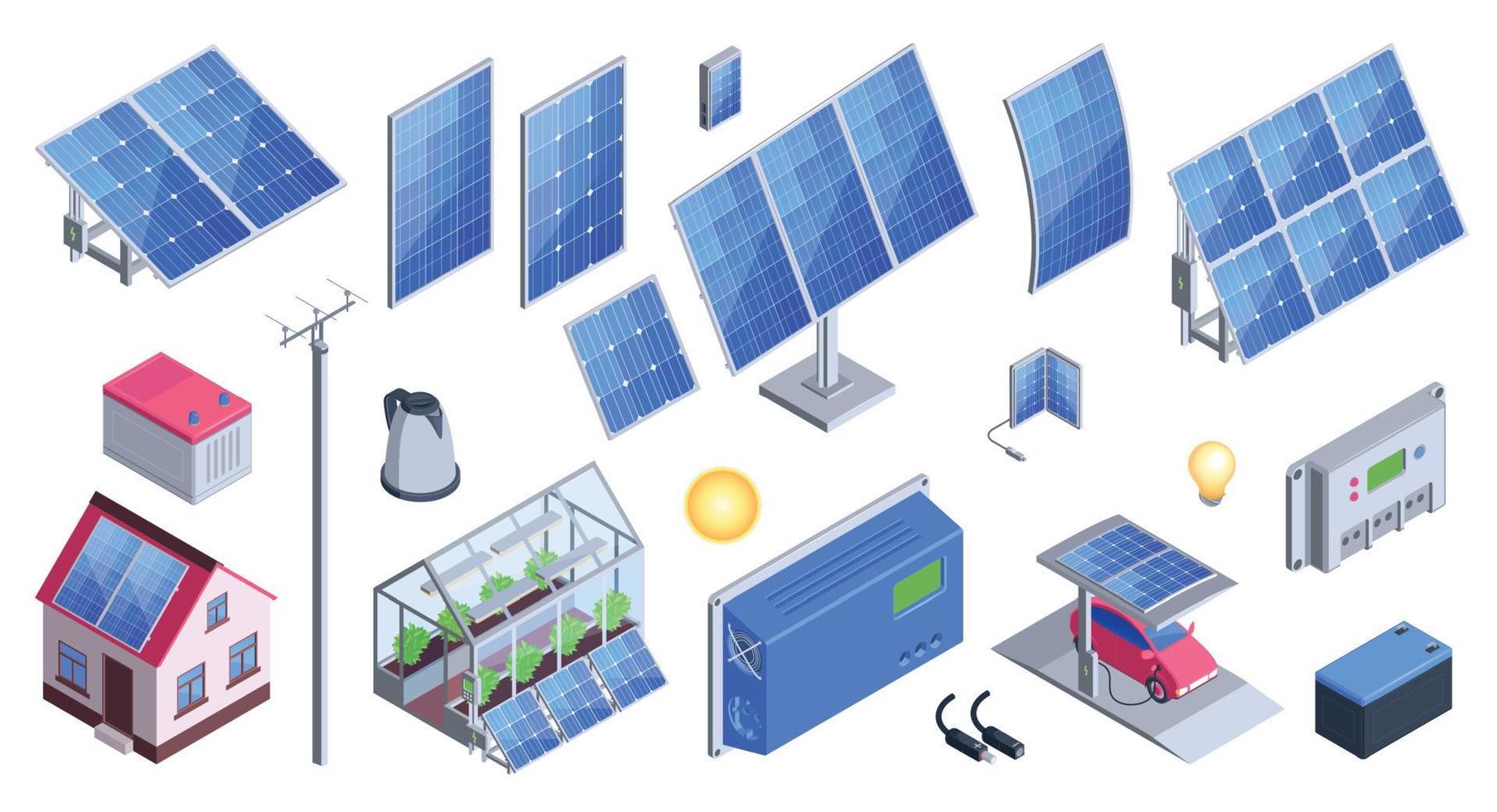 conjunto isométrico de equipos de energía solar. vector