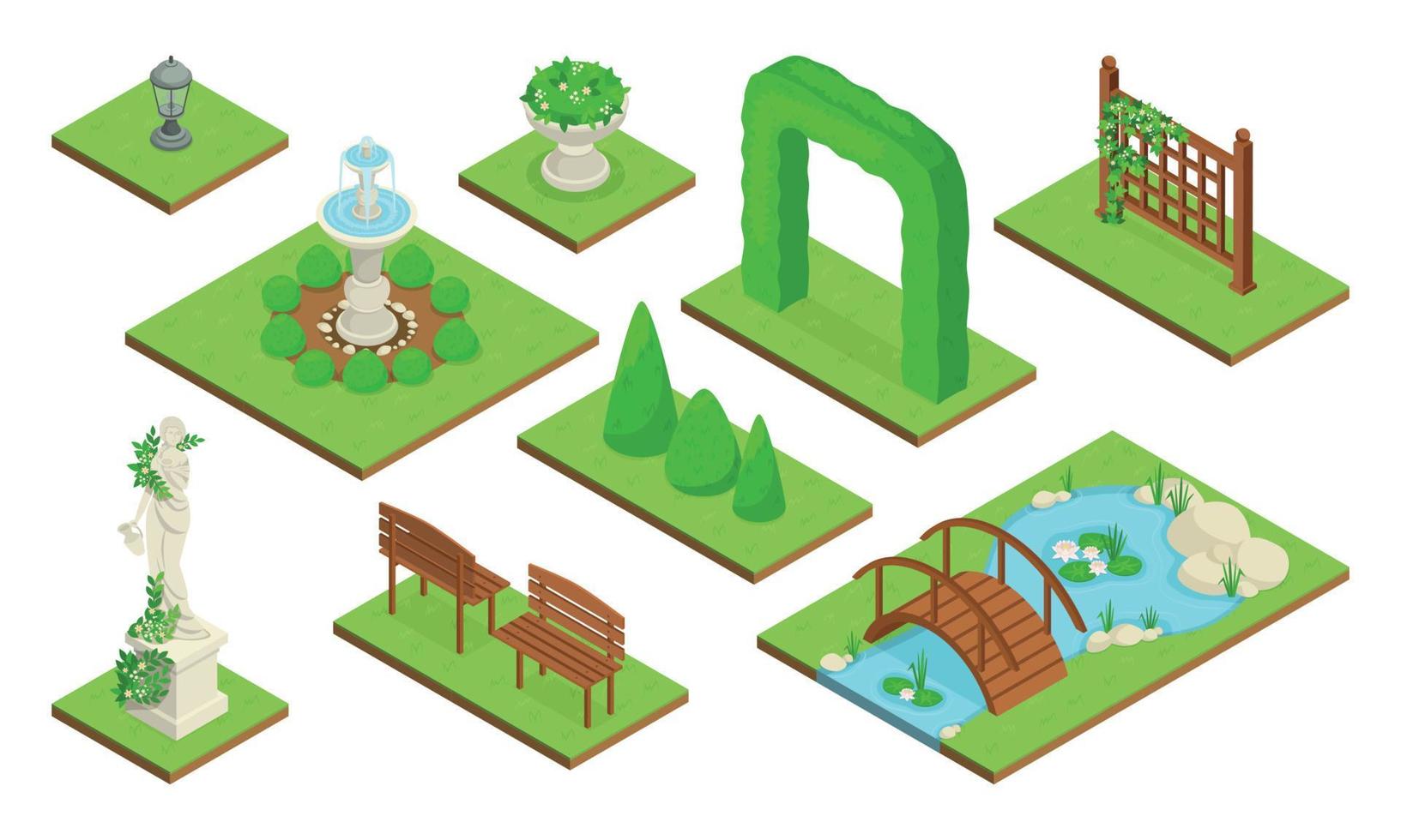 Conjunto de iconos de parque de diseño de paisaje isométrico vector