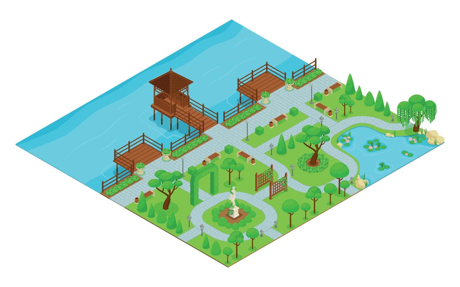 composición del parque de diseño de paisaje isométrico vector