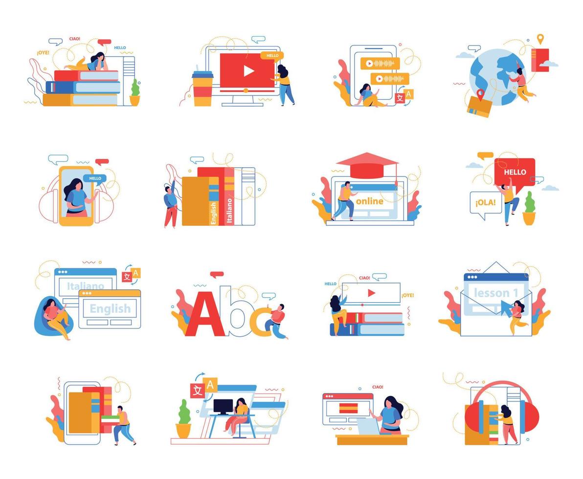 Language School 4x4 Flat Icons vector