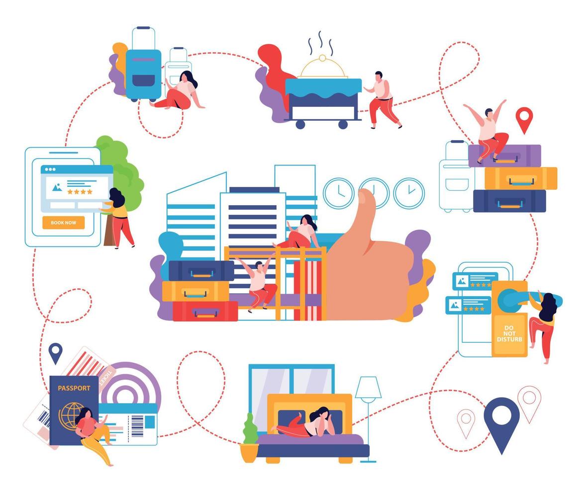 hostal y turistas infografía plana. vector