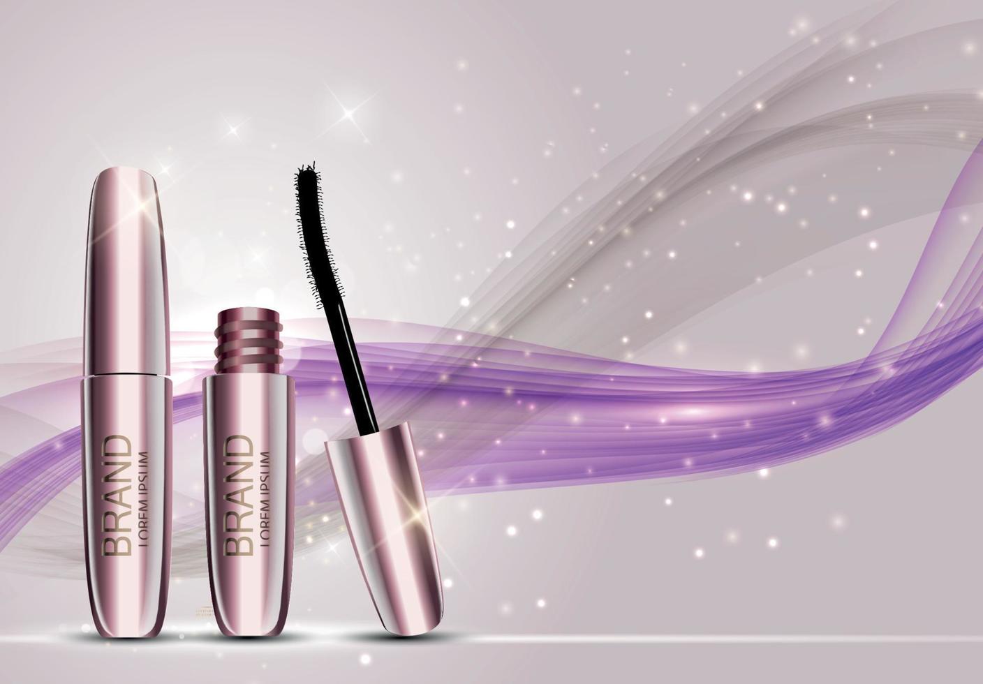 plantilla de producto de cosméticos de maquillaje de diseño de moda para anuncios o fondo de revista. serie de productos de rímel reportv ilustración vectorial realista 3d vector