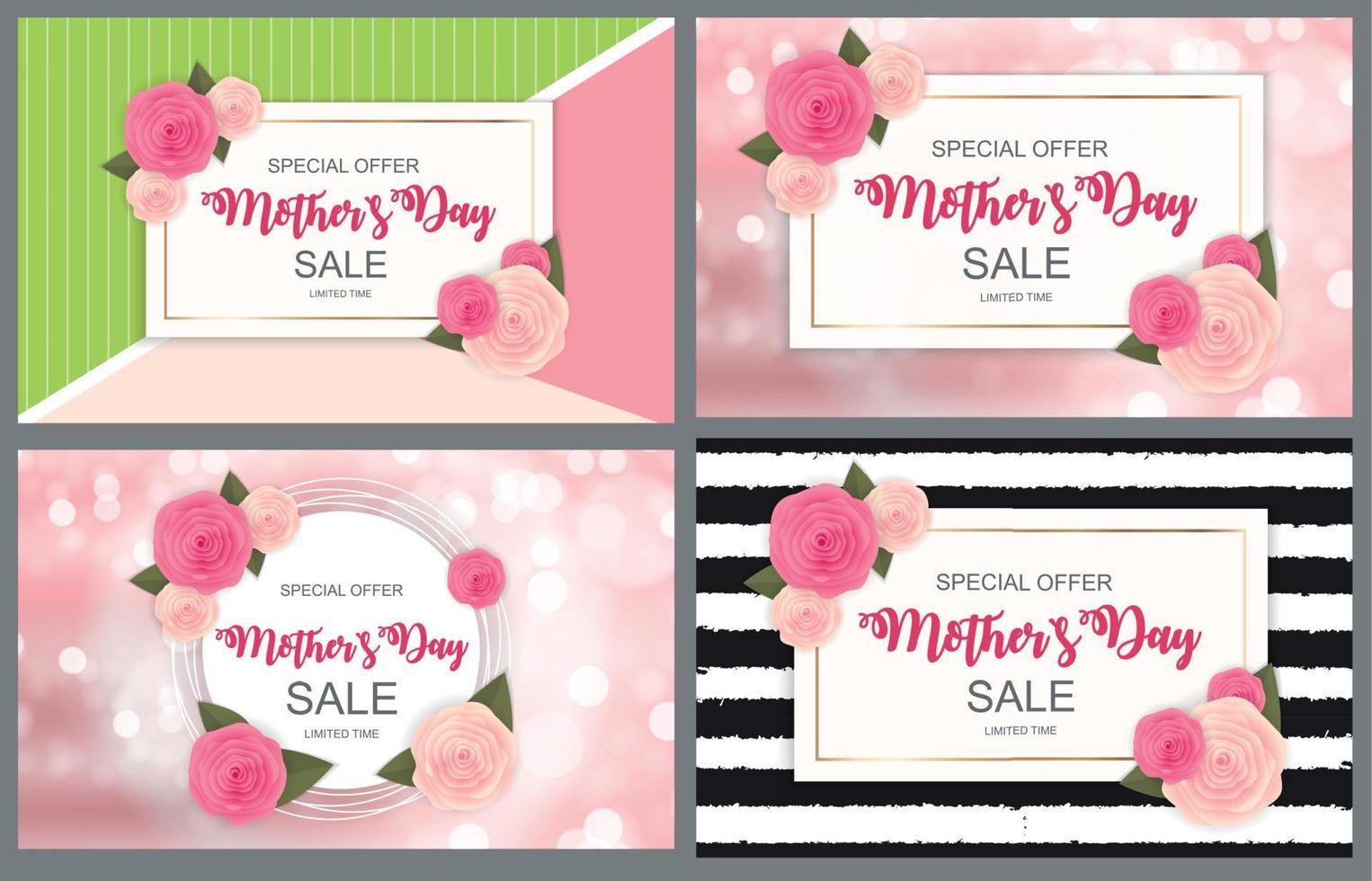 Cute Sale Background with Flowers. Collection Set of Cards.  Vector Illustration