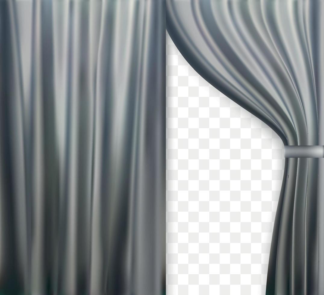 Imagen naturalista de cortina, cortinas abiertas de color gris sobre fondo transparente. ilustración vectorial. vector