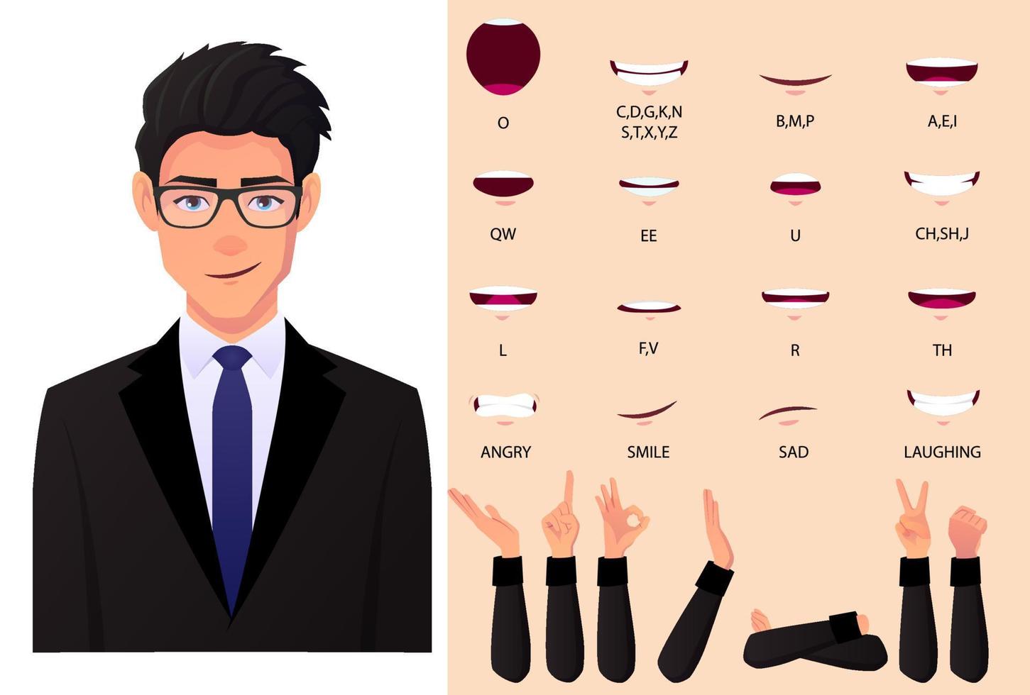 conjunto de animación de boca de empresario y conjunto de sincronización de labios. hombre en traje negro para presentaciones con diferentes gestos con las manos ilustración vectorial plana. diseño vector