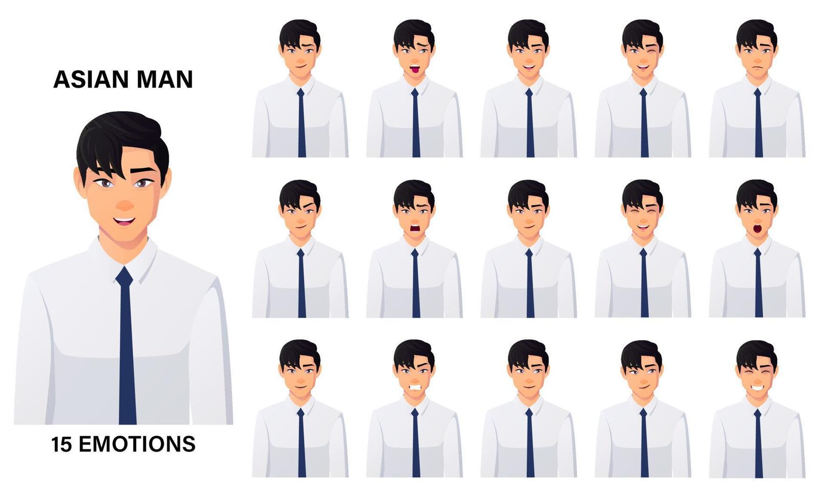 empresario asiático con camisa blanca 15 emociones y expresiones faciales, feliz, triste, emocionado, sonriente vector premium