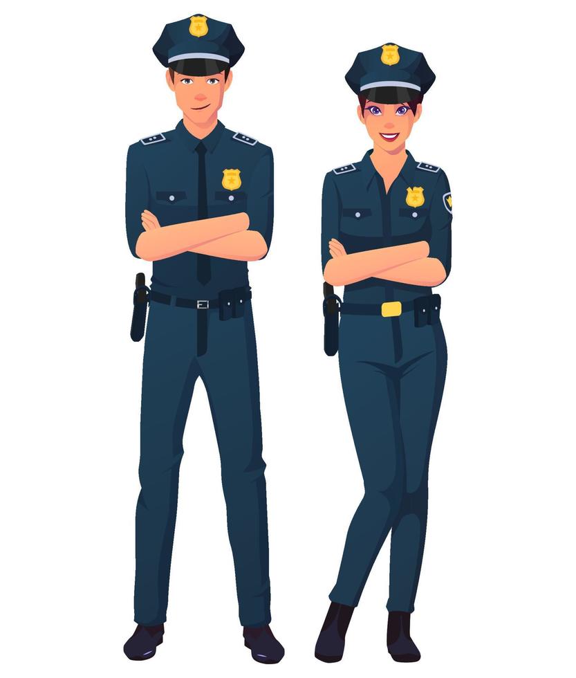 plantean de pie del equipo de policías masculinos y femeninos. vector