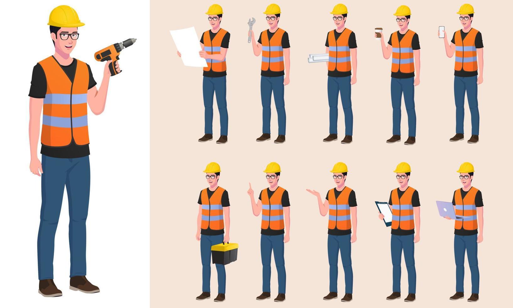 Trabajador de la construcción, juego de caracteres de ingeniero con diferentes poses, gestos y acciones. vector