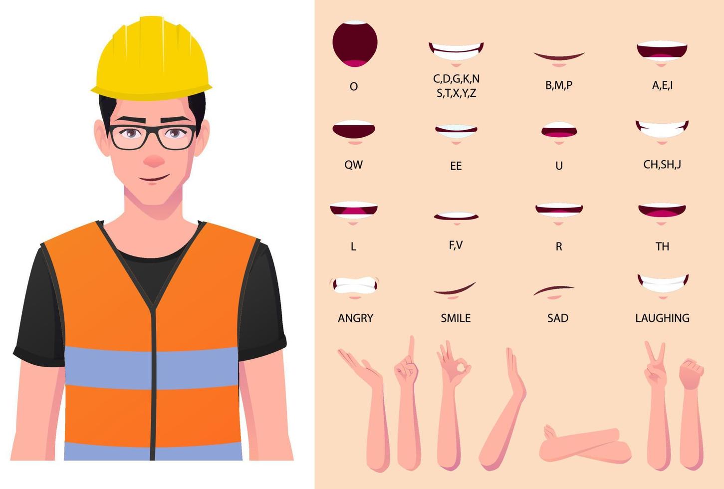 Trabajador de la construcción con casco de seguridad y chaleco, sincronización de labios y animación facial. vector