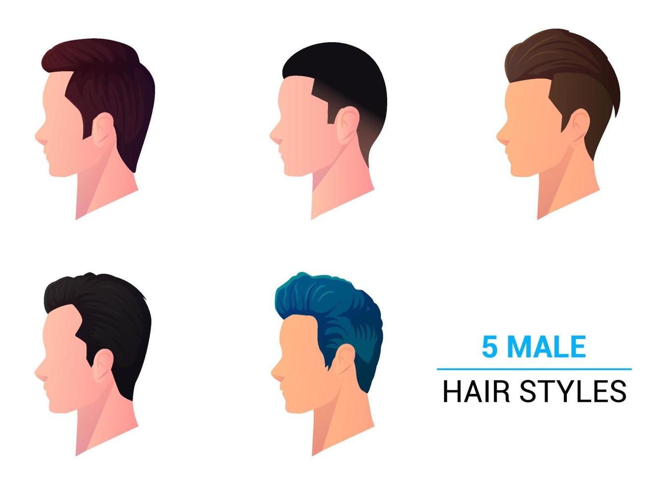 Corte de pelo de vista de perfil de hombres y vista lateral de la cabeza, vector de colección de estilo de cabello masculino moderno