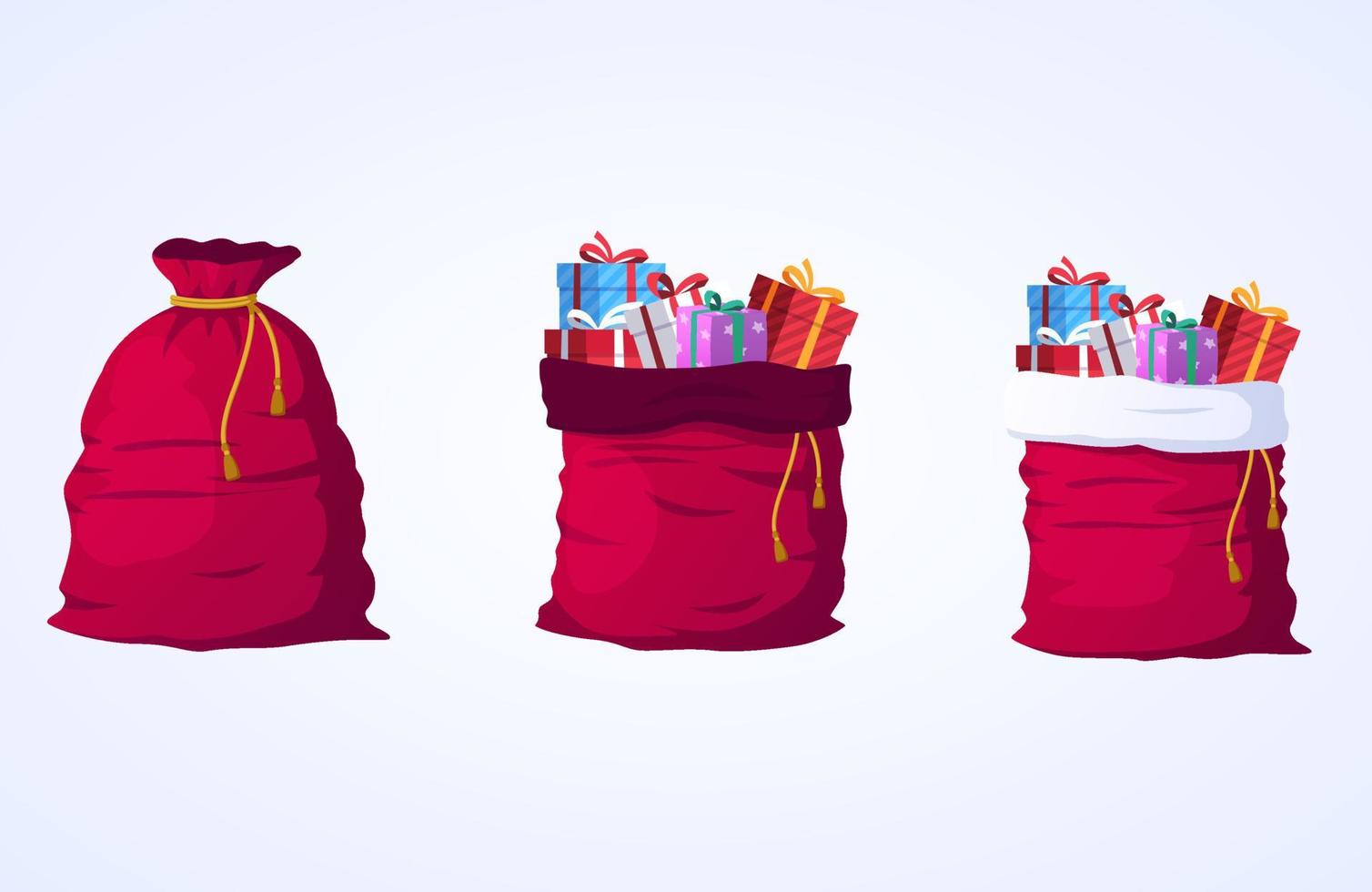 bolsa de santa con conjunto de regalos, saco de navidad de dibujos animados lleno de ilustración de regalos vector