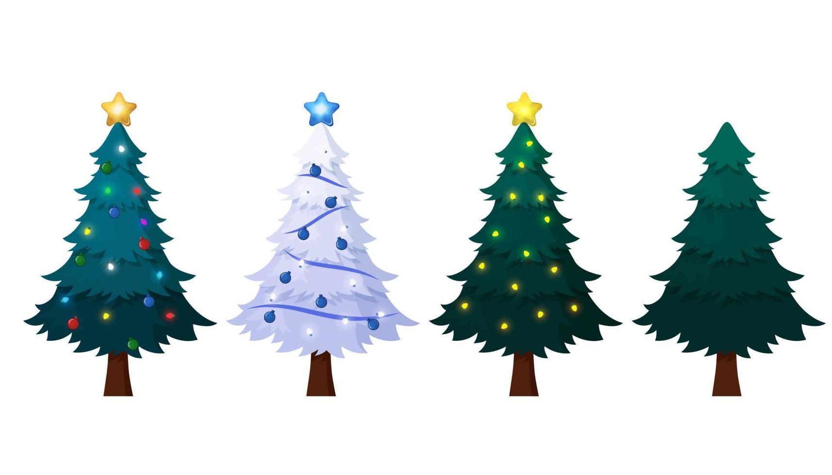 Beautiful Christmas Tree Collection with Star, ribbon Decorations And Light Bulbs Vector Illustration