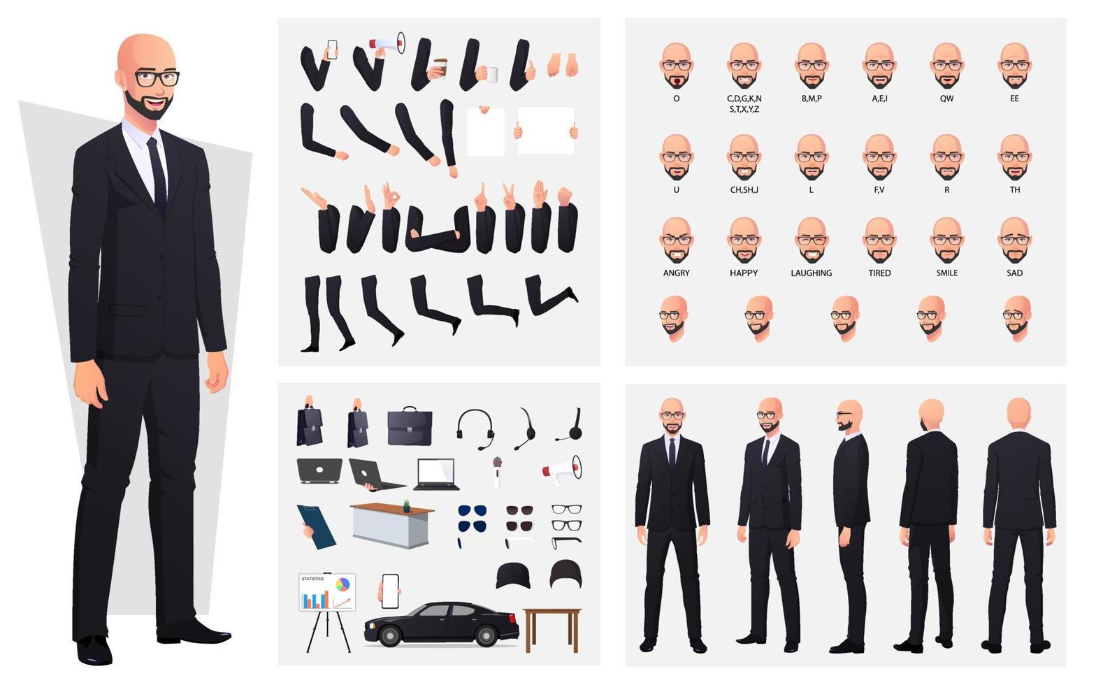 Hombre calvo con traje y gafas, creación de personajes con gestos con las manos, emociones y animación en la boca vector premium