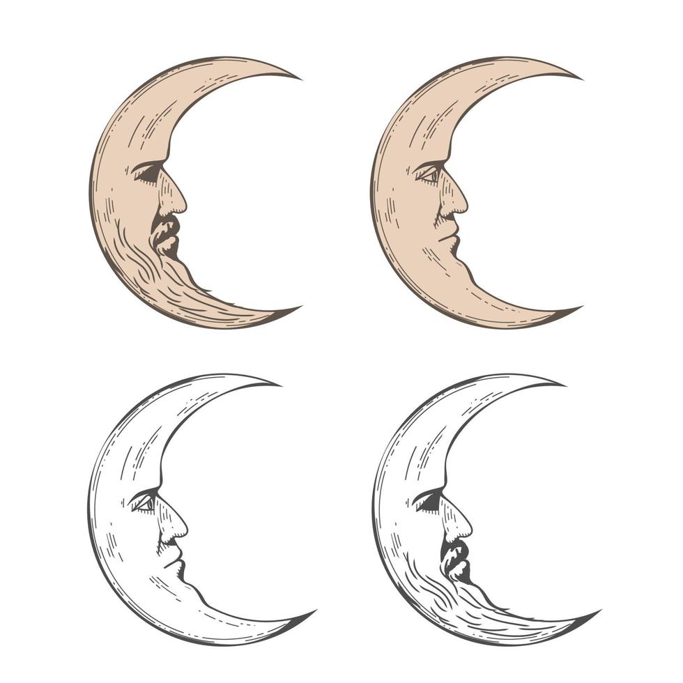 Boho moon,month icons set, antique style tattoo design vector