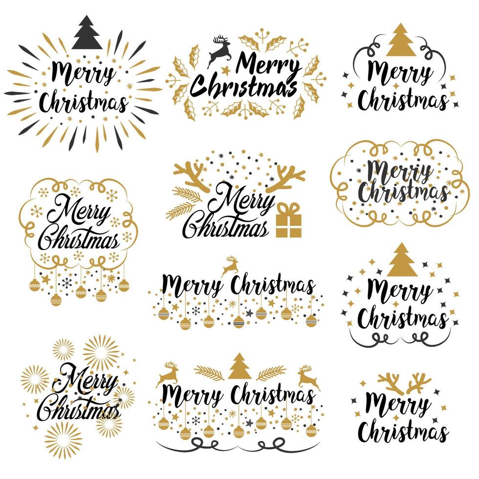 Feliz Navidad oro negro conjunto de diseño de letras de caligrafía vector