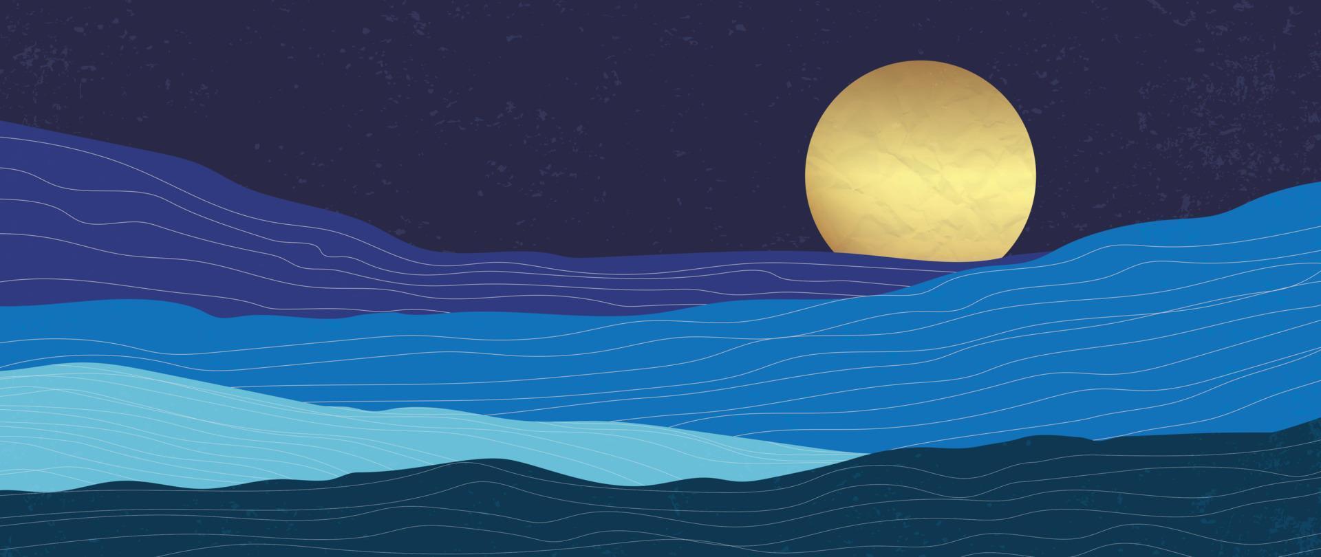 diseño de paisaje de papel tapiz de montañas azules con luna dorada vector