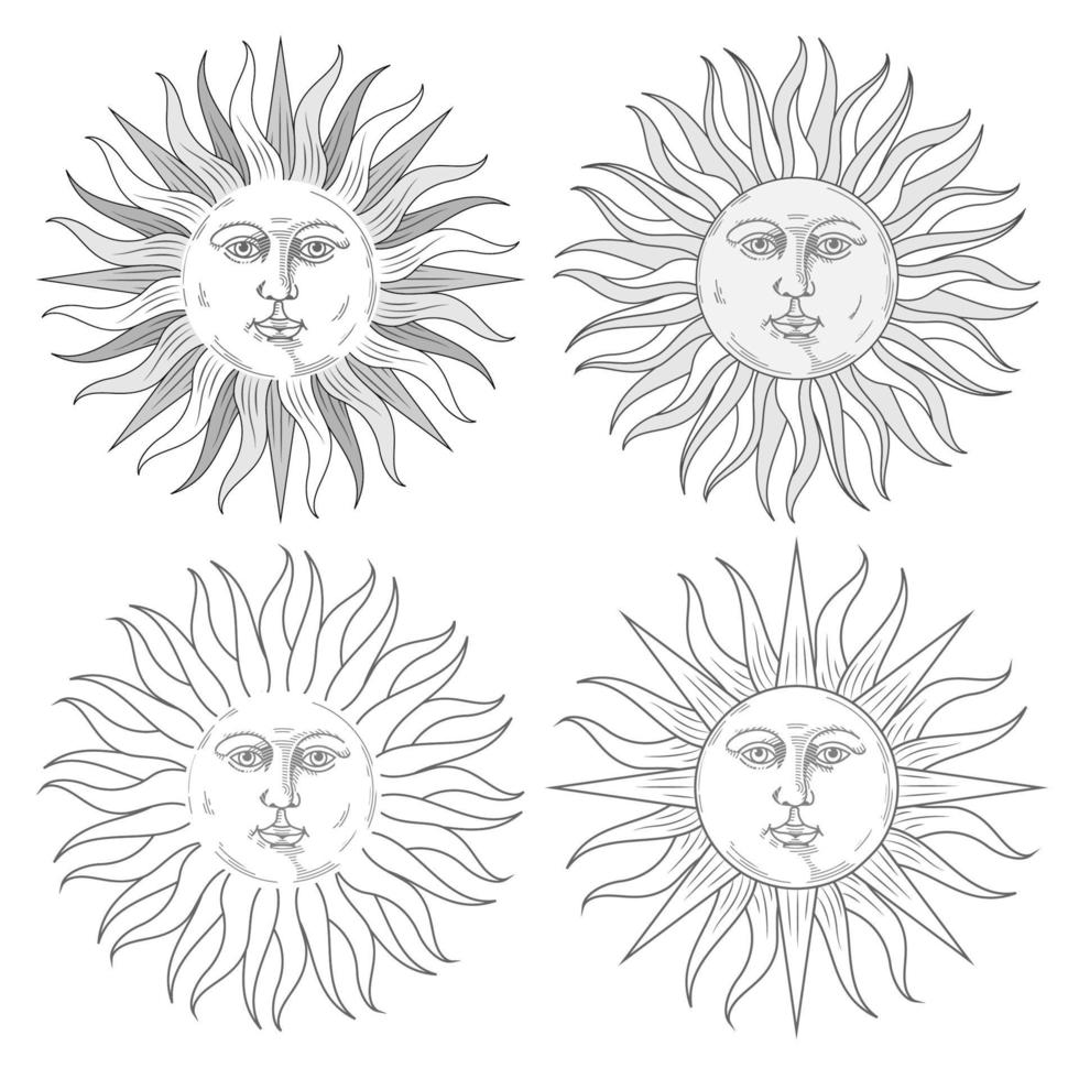 Boho sun icons set, bohemian style tattoo design vector