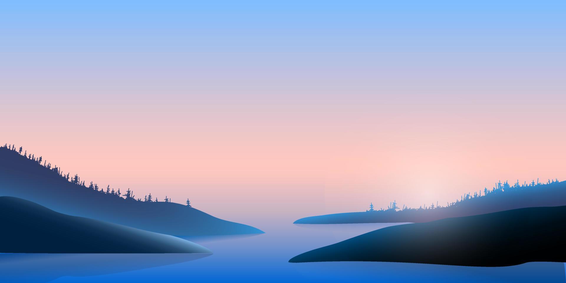 Mountains and river, blue landscape with pink sky 4566170 Vector Art at