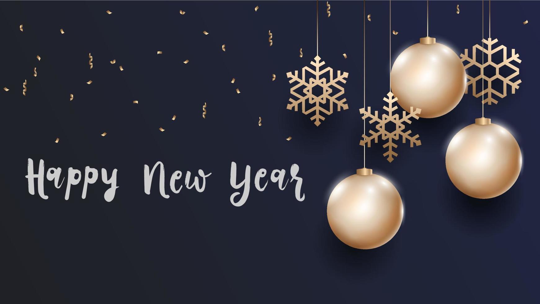 Happy New Year celebration poster with gold glass balls and snowflakes vector