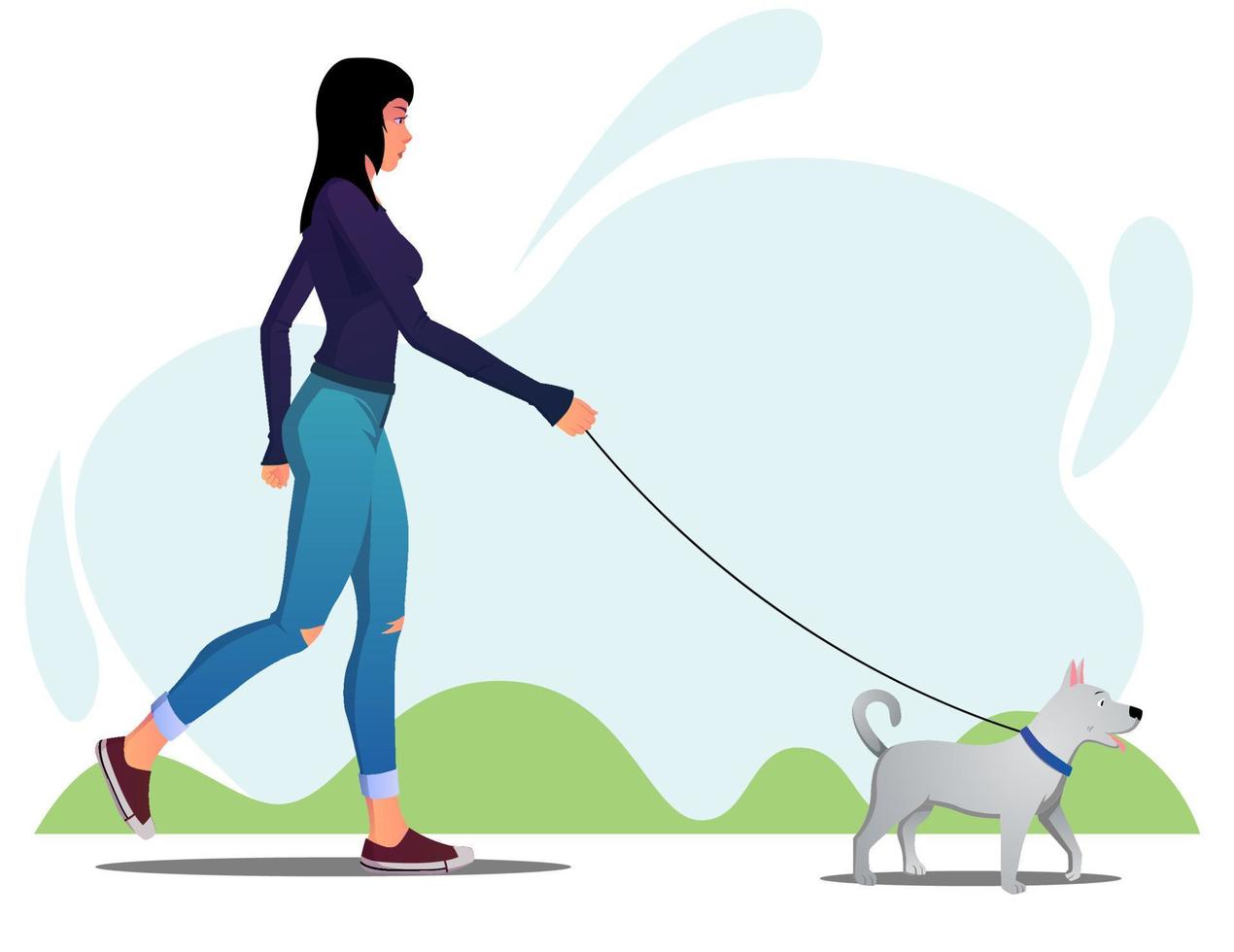 Woman Walking Her Dog In The Park In The Morning Premium Vector illustration