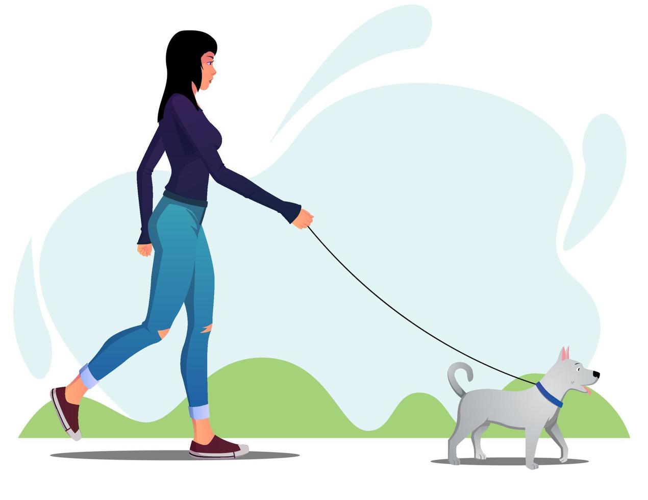 mujer paseando a su perro en el parque por la mañana ilustración vectorial premium vector