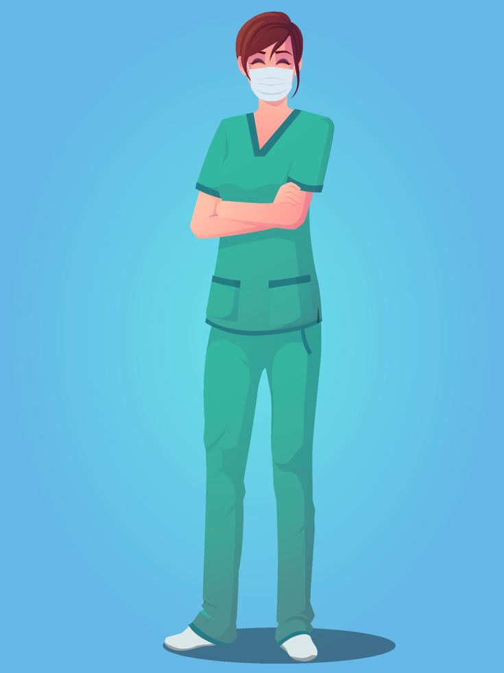 Female medical personnel wearing scrubs, standing with arms folded and wearing a mask Premium Illustration vector