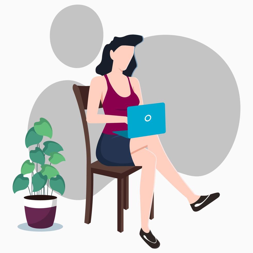 Girl sitting on a chair with laptop flat design for freelancing or studying from home Illustration vector