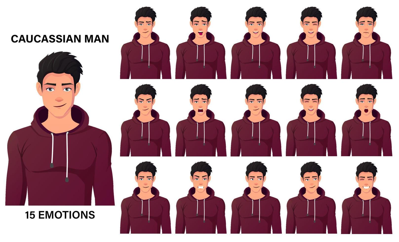 Hombre caucásico en forma con sudadera con capucha roja que muestra diferentes emociones y expresiones faciales vector premium