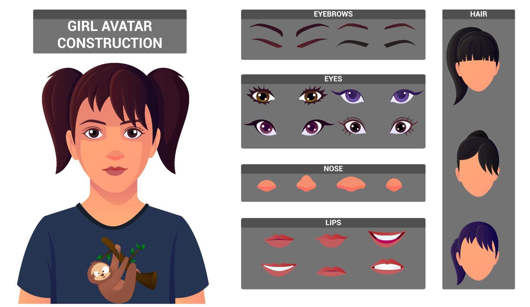 Young Girl Face Construction Pack for Avatar Creation. Avatar Build With Head and Hair Styles, Eyes, Nose, Mouth, Eyebrows. Premium Vector set.