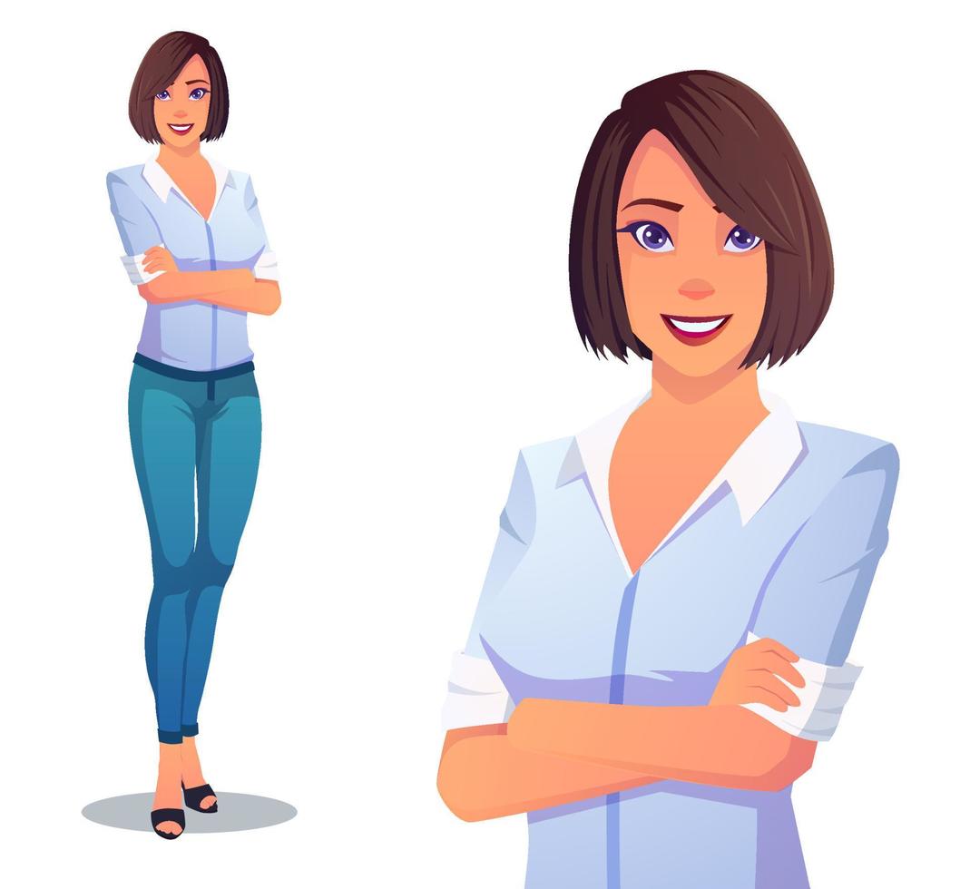 Beautiful Lady wearing Blue Pants And White Shirt With Arms Folded vector