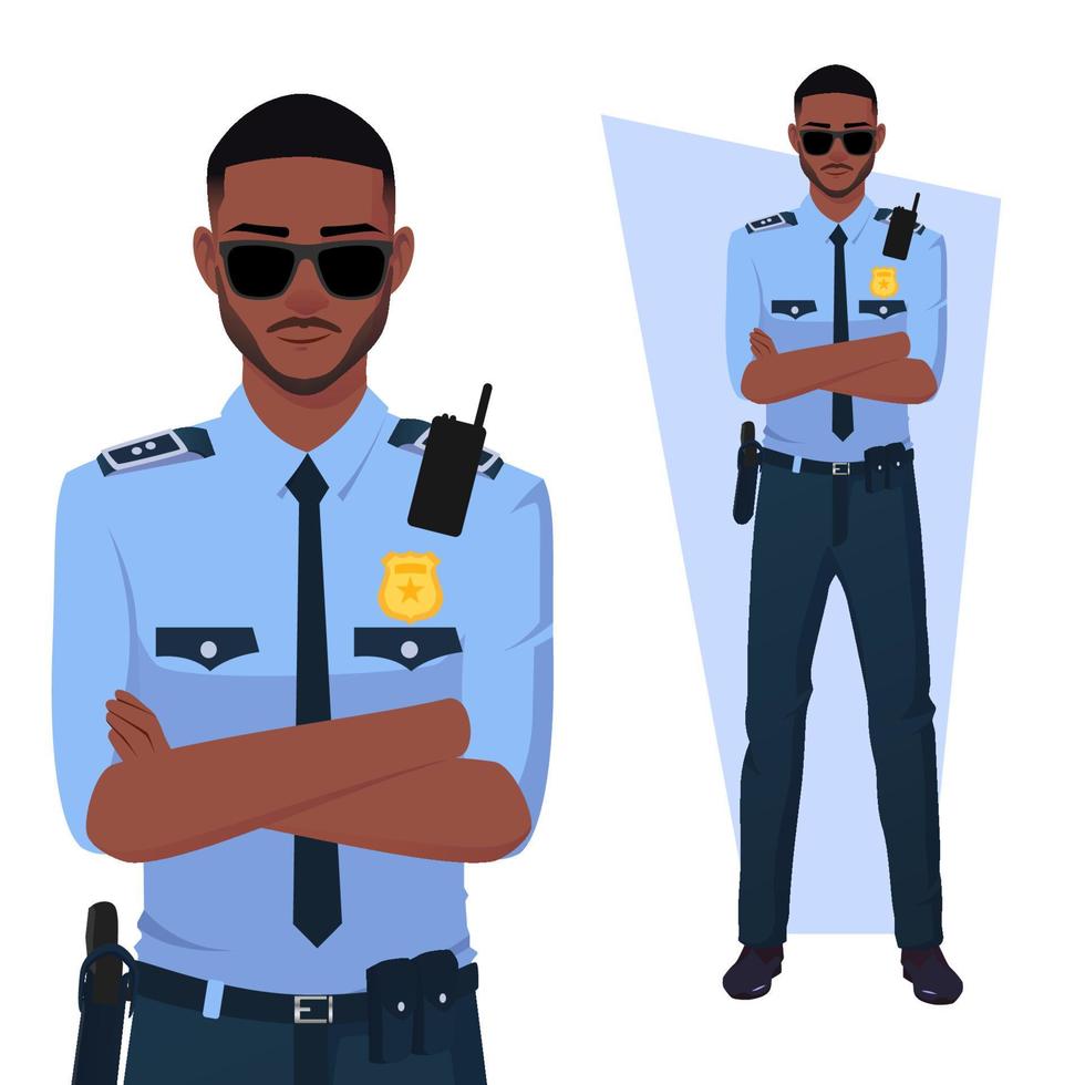 Policía negro con los brazos cruzados, uniforme y gafas de sol vector premium