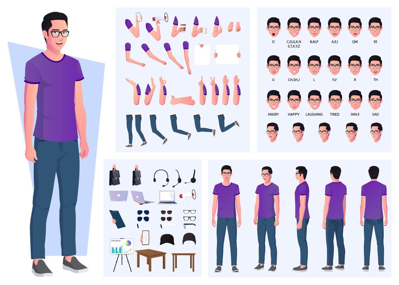 creación de personajes de hombre casual con gestos con las manos y accesorios de diseño vectorial premium vector